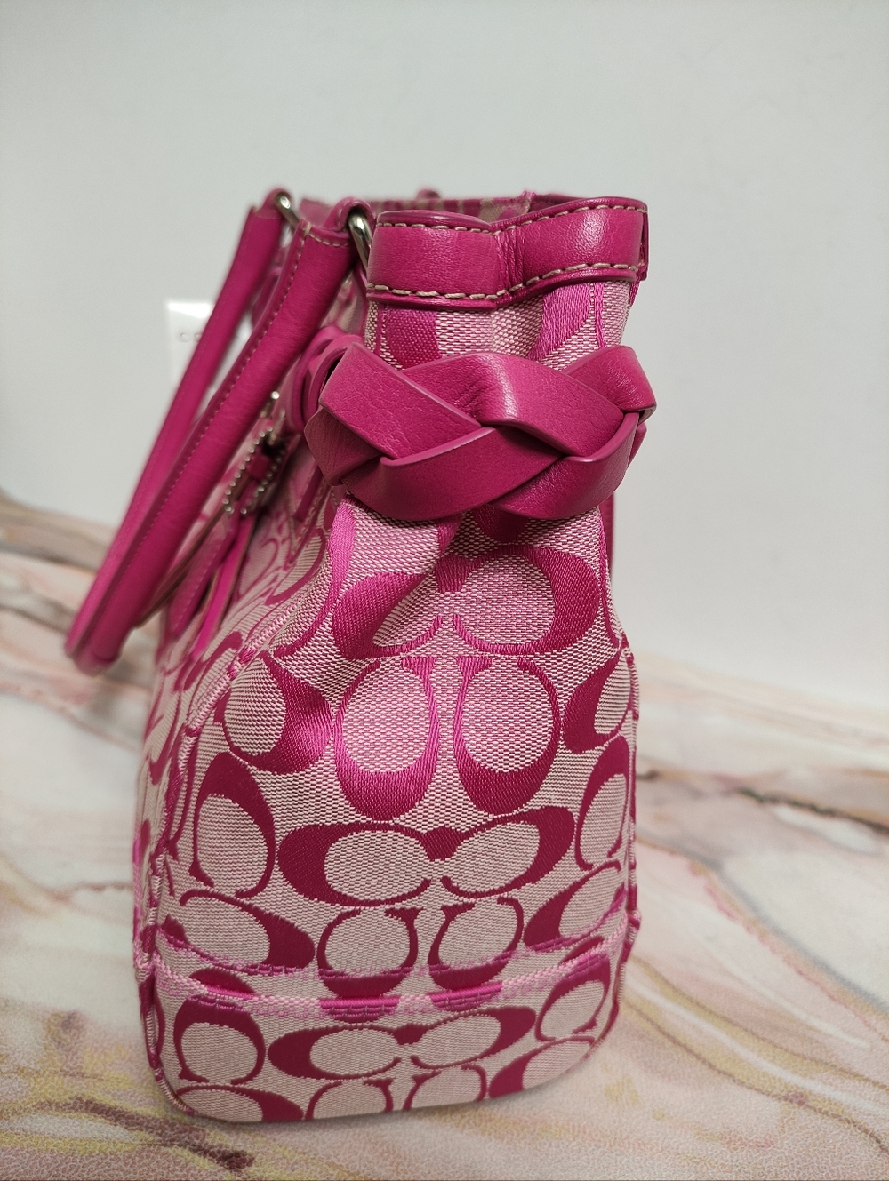 Vintage Y2K Coach F13068 Hampton Signature Large Carryall Satchel Hibiscus/Pink - Picture 3 of 14